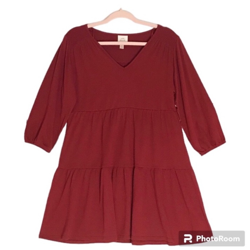 Knox Rose Dark Red V-Neck Tiered Dress or Tunic Blouse with Balloon Sleeves Med